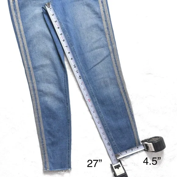 Anthropologie Shimmer Metallic Silver Racer Side Stripe Fringe Hem Cropped Jeans - Picture 14 of 15